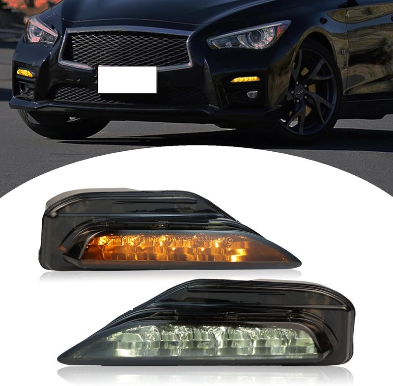 BINQIGOO Smoked Housing LED Front Bumper Fog Lamp Daytime Running Light Turn Signal Feature Compatible with Infiniti Q50 2014-2023 Q70 2014-2019 White/Amber Light Accessories - Image 1